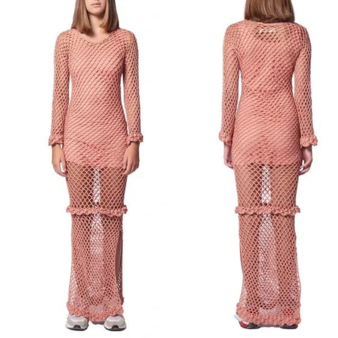 New Ayni Imac Crochet Mesh Maxi Dress Side Slits Pima Cotton Medium Coral Knit — image 3 of 8